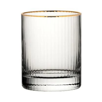 Set of six Hayworth Gold Rimmed whisky tumblers from Glassware UK, 320ml each, clear glass with elegant gold rims.