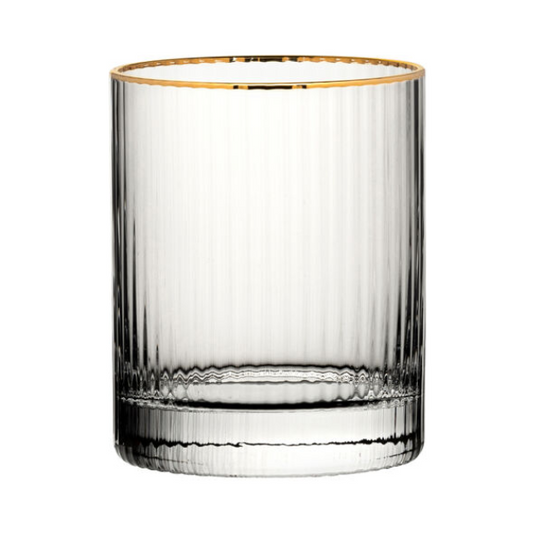 Hayworth Gold Rimmed Whisky Tumbler from Glassware UK, 320ml, clear glass with elegant gold rim, suitable for enjoying whisky.