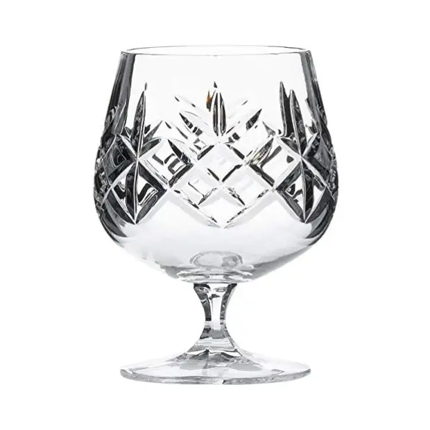 Set of six Flamenco Crystalite full cut brandy glasses, 250ml whisky tumblers by Glassware UK, clear glassware with intricate cut design.
