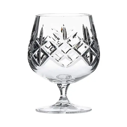 Set of six Flamenco Crystalite full cut brandy glasses, 250ml whisky tumblers by Glassware UK, clear glassware with intricate cut design.