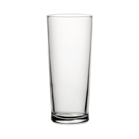 Set of six Glassware UK straight-sided 580ml beer tankards, clear glass with sturdy handles, designed for enjoying cold beers.