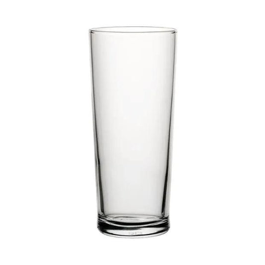 Set of six Glassware UK straight-sided 580ml beer tankards with clear glass, cylindrical shape, and sturdy base.