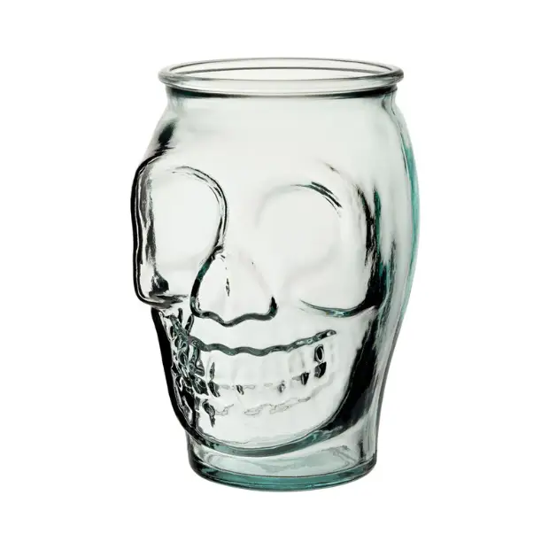 Recycled Skull Glass Tumbler 520ml from Glassware UK, a unique cocktail glass with a skull design and eco-friendly recycled glass.