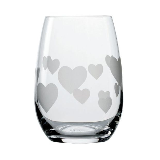 Set of six frosted glass whisky tumblers with heart design, 335ml capacity, by Glassware UK.