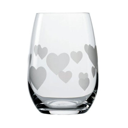 Set of six frosted glass whisky tumblers with heart design, 335ml capacity, by Glassware UK.