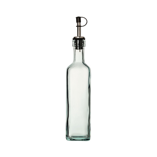 Recycled square glass Piri bottle from Glassware UK, 400ml, with clear glass and square shape for eco-friendly beverage storage.