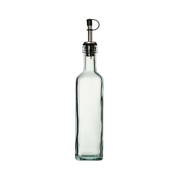 Recycled square glass Piri bottle from Glassware UK, 400ml capacity, clear textured glass with a square shape and screw cap lid.