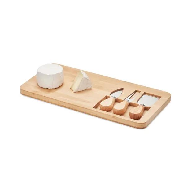 Bamboo cheese board set with cheese knives and utensils, ideal for serving cheese and snacks, by Glassware UK.