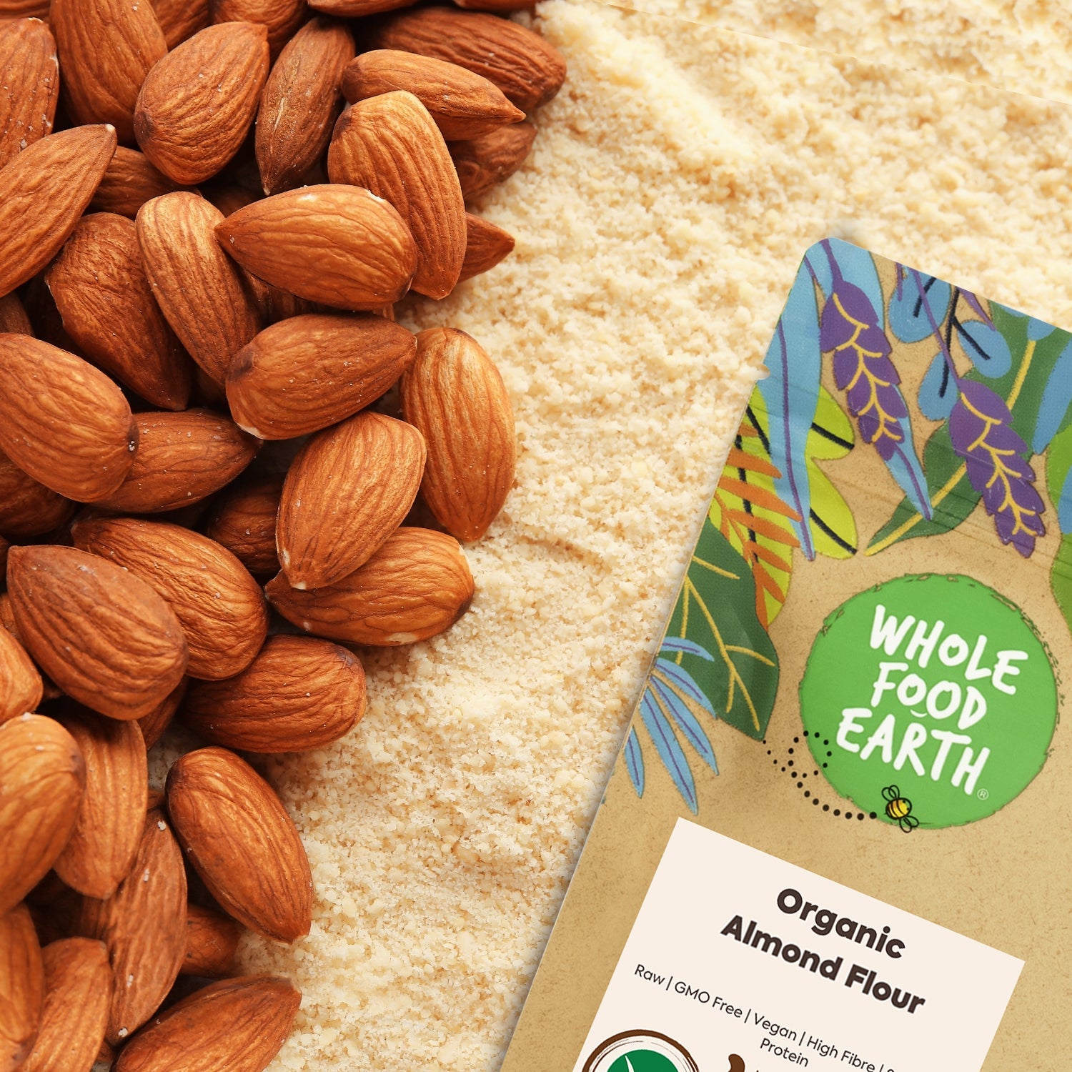 Whole Food Earth organic almond flour in a clear bag, showcasing finely ground almonds for baking and cooking.