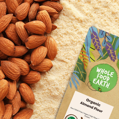 Whole Food Earth organic almond flour in a clear bag, showcasing finely ground almonds for baking and cooking.