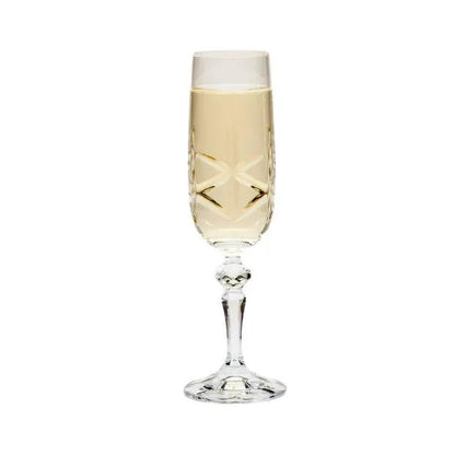 Set of six Flamenco Crystalite full cut champagne flutes, 180ml glassware by Glassware UK, showcasing elegant, clear glass design.