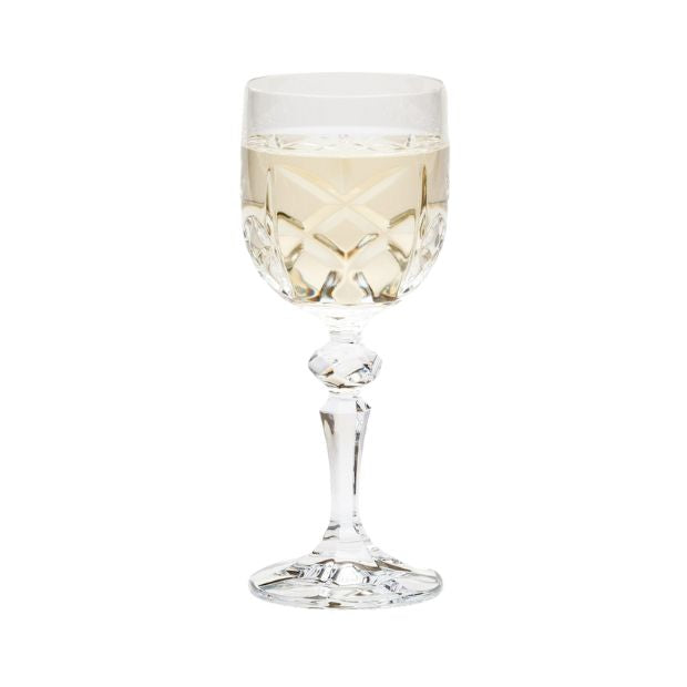 Set of six Flamenco Crystalite full-cut wine glasses by Glassware UK, 220ml capacity, with elegant clear glass design.