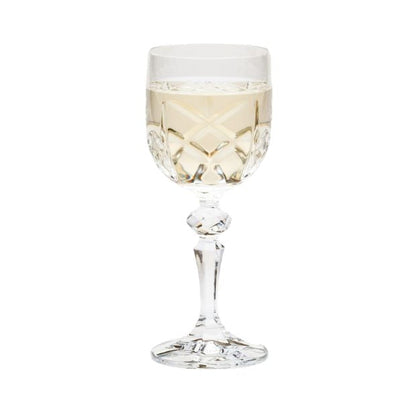 Set of six Flamenco Crystalite full-cut wine glasses by Glassware UK, 220ml capacity, with elegant clear glass design.