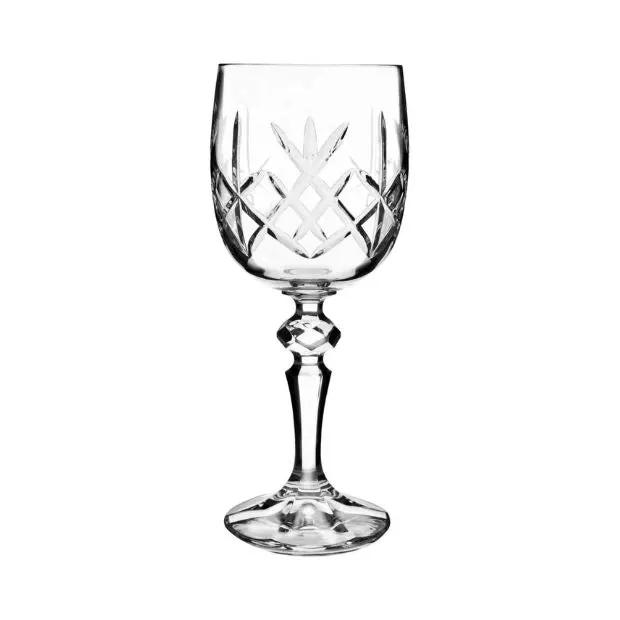 Set of six Flamenco Crystalite full cut wine glasses, 220ml capacity, made by Glassware UK, with intricate crystal patterns.