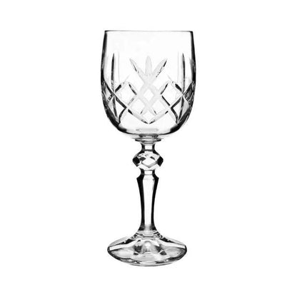 Set of six Flamenco Crystalite full cut wine glasses, 220ml capacity, made by Glassware UK, with intricate crystal patterns.