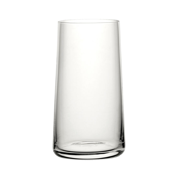 Set of six Glassware UK Mode highball whisky tumblers, 430ml, clear glass with a sleek, modern design for drinks and cocktails.