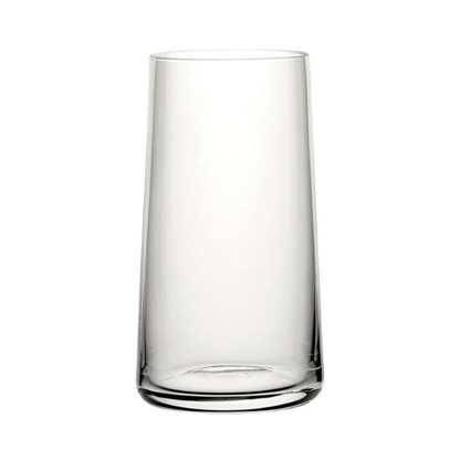 Set of six Glassware UK Mode highball whisky tumblers, 430ml, clear glass with a sleek, modern design for drinks and cocktails.