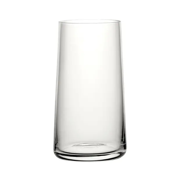 Set of six Glassware UK Mode highball glasses, 430ml whisky tumblers with clear glass design, perfect for cocktails and drinks.