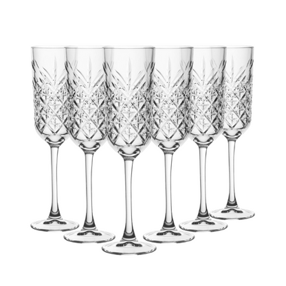 Set of six Glassware UK vintage glass champagne flutes, 170ml capacity, with elegant clear glass design for special occasions.