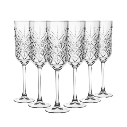 Set of six vintage glass champagne flutes from Glassware UK, 170ml capacity with elegant clear glass design.