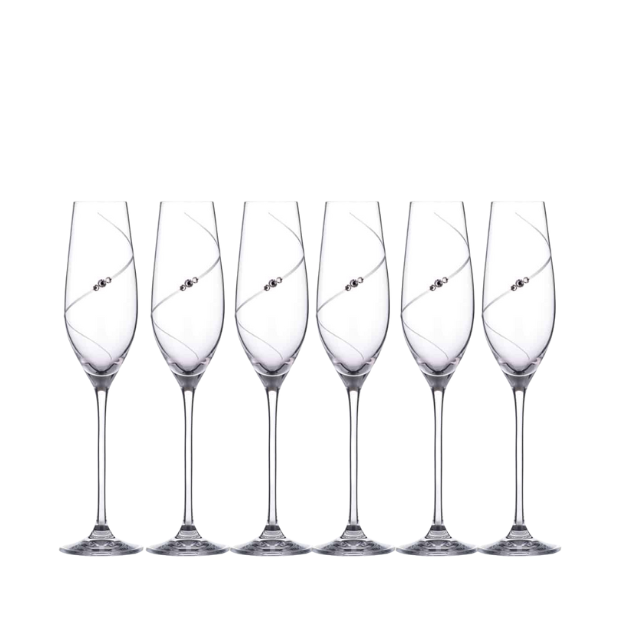 Set of six Diamante Champagne Flutes by Glassware UK in a gift box, featuring sparkling diamond accents and elegant tall stems.