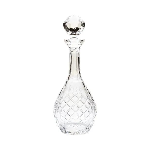 Clear glass 1L crystal panelled wine decanter with a wide mouth and elegant design, perfect for serving and aerating wine.