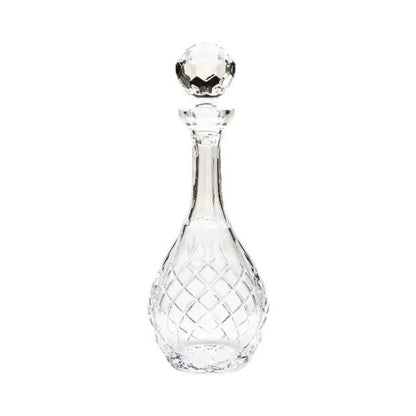 Clear glass 1L crystal panelled wine decanter with a wide mouth and elegant design, perfect for serving and aerating wine.