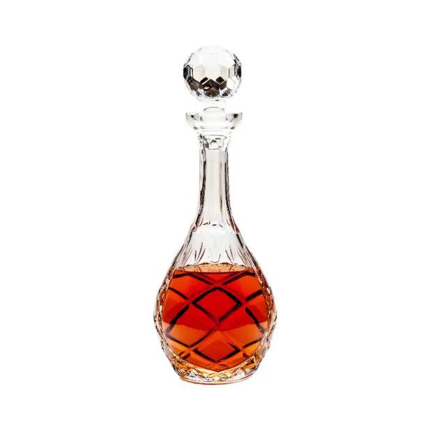 Clear glass cut crystal wine decanter with panelled design, 1-liter capacity, by Glassware UK, featuring a wide base and elegant spout.