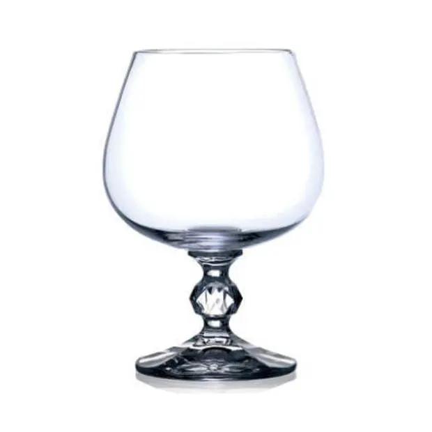 Set of six Claudia Crystalite whisky tumblers from Glassware UK, 250ml crystal brandy glasses on a wooden surface.