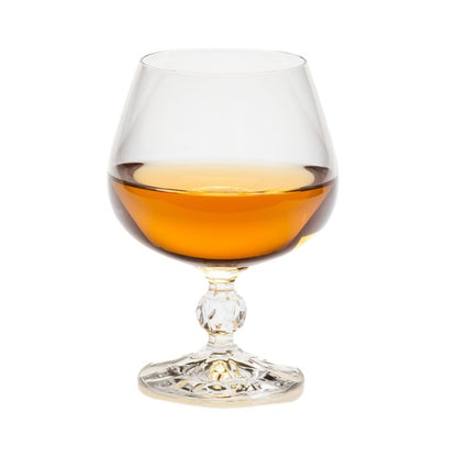 Six Claudia Crystalite whisky tumblers by Glassware UK, 250ml brandy glasses set with clear crystal design.