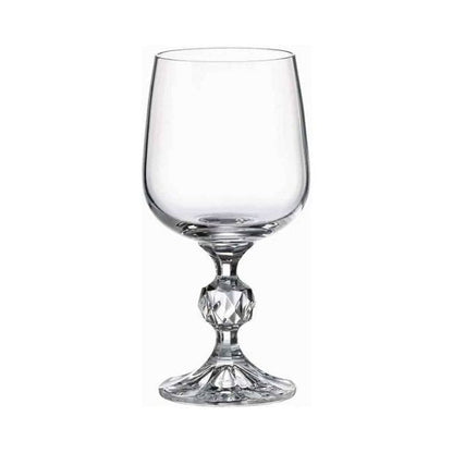 Six Claudia Crystalite large wine glasses by Glassware UK, 340ml capacity, clear glass with elegant stem design.