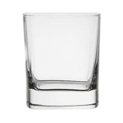 Set of six Luigi Bormioli square glass whisky tumblers, 290ml, clear crystal drinkware for whisky and spirits.
