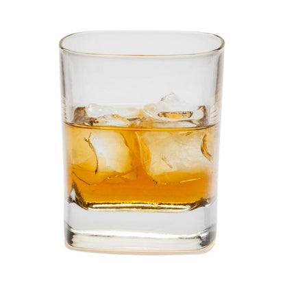 Set of six Luigi Bormioli square glass whisky tumblers, 290ml, clear crystal drinkware for spirits.