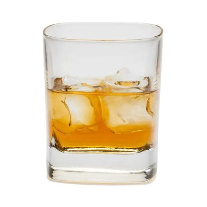 Set of six Luigi Bormioli square glass whisky tumblers, 290ml, with clear, modern design for elegant whisky drinking.