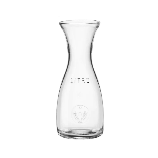 Bormioli Rocco Misura glass carafe jug with 0.6L capacity, clear glass, shown on a white surface, close-up view