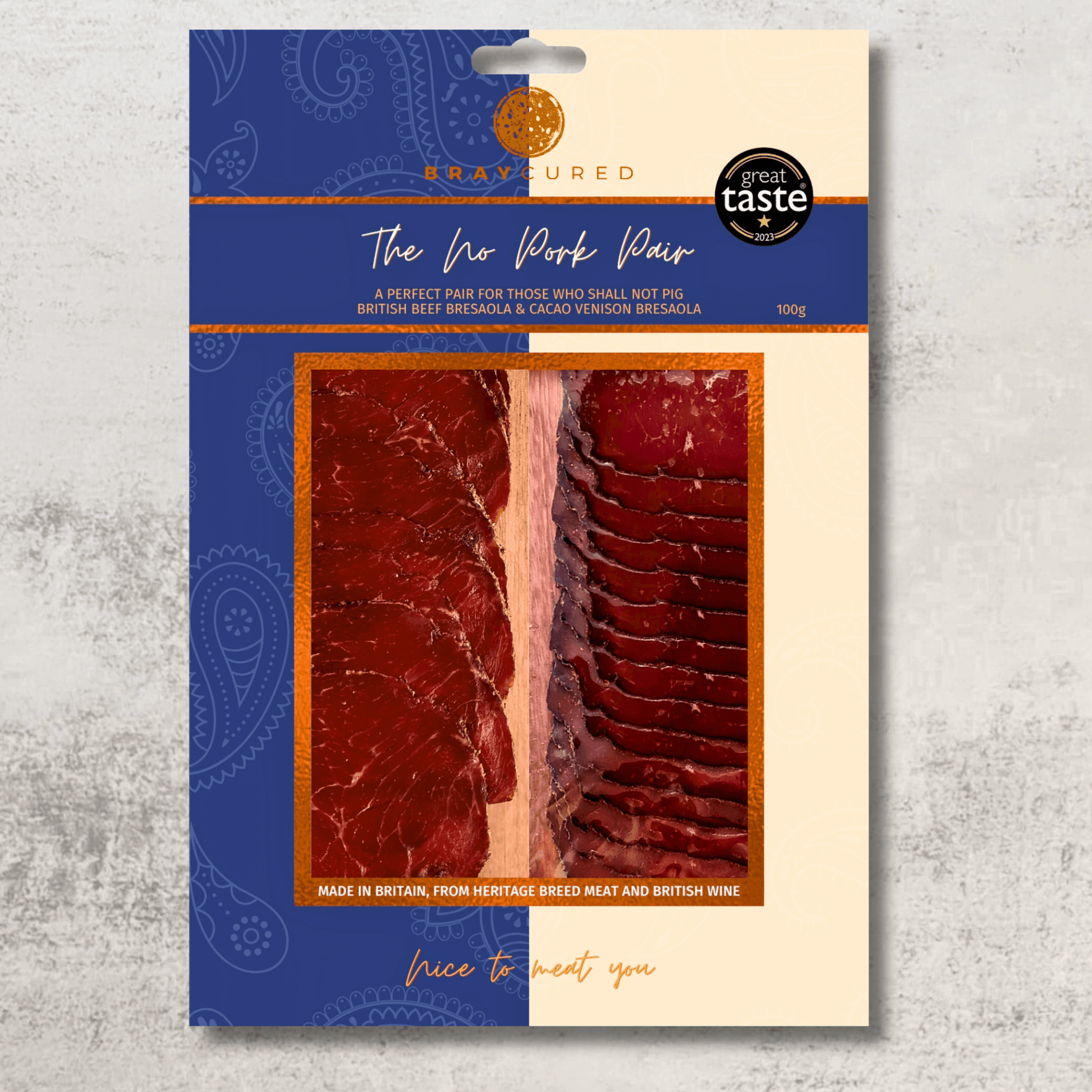 Assorted pork-free charcuterie selection from Bray Cured, featuring a variety of cured meats on a wooden serving board.