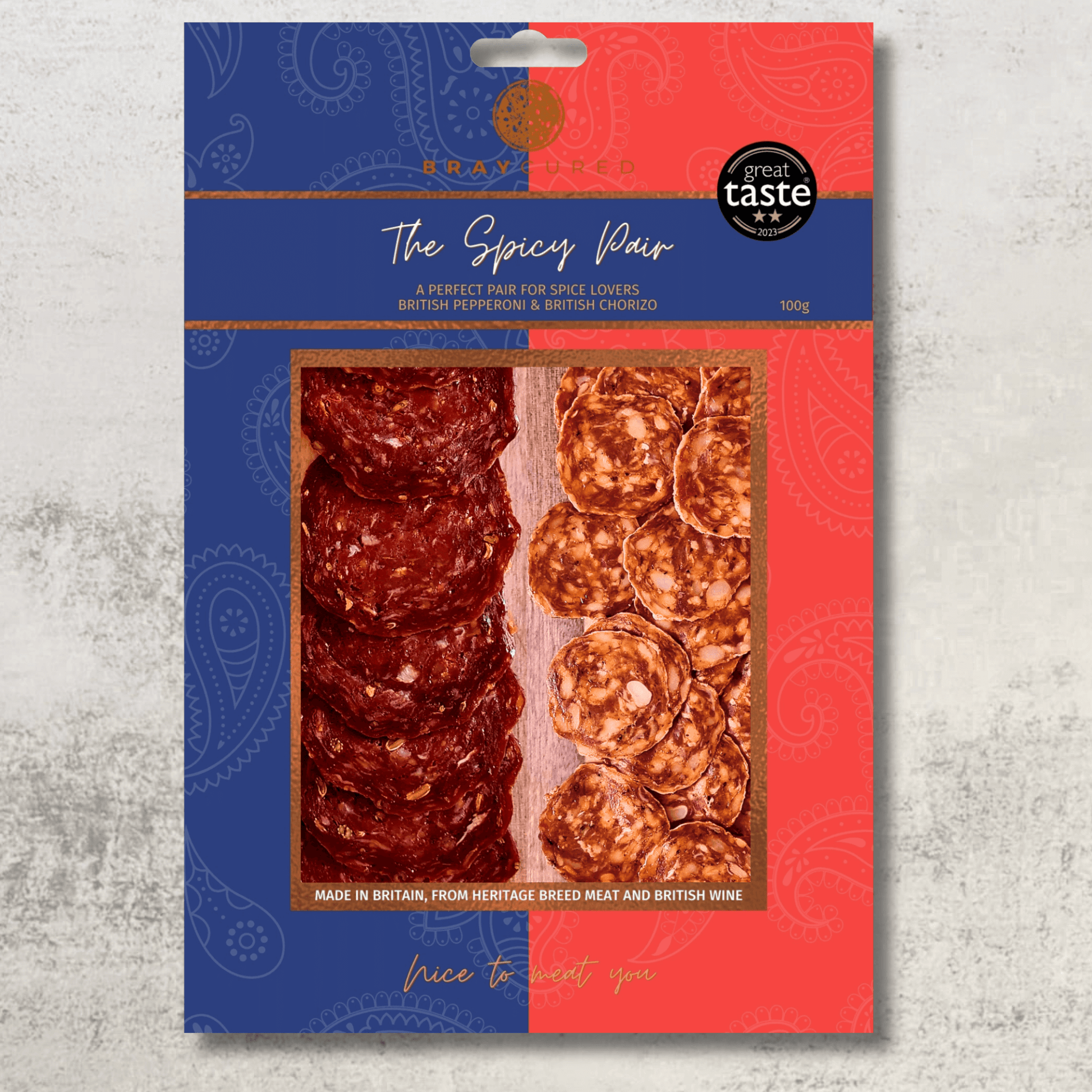 Assorted spicy charcuterie selection featuring cured meats from Bray Cured, arranged on a wooden board.