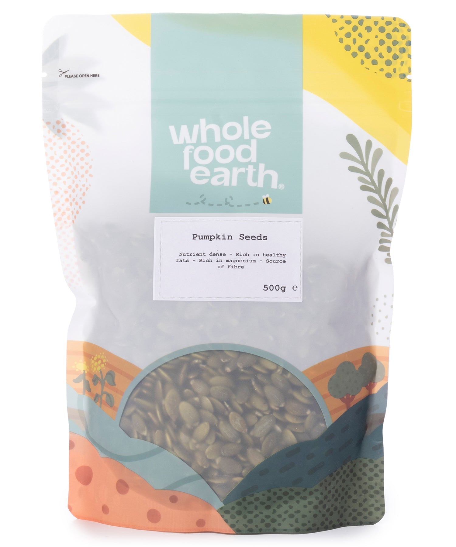 Whole Food Earth pumpkin seeds in a 500g bag, showing fresh, raw pumpkin seeds from the Nuts & Seeds category.