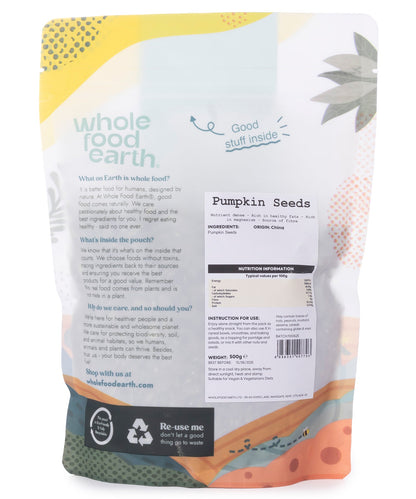 Whole Food Earth pumpkin seeds, 500g pack, close-up of roasted pumpkin seeds in a bowl, healthy nuts and seeds snack.