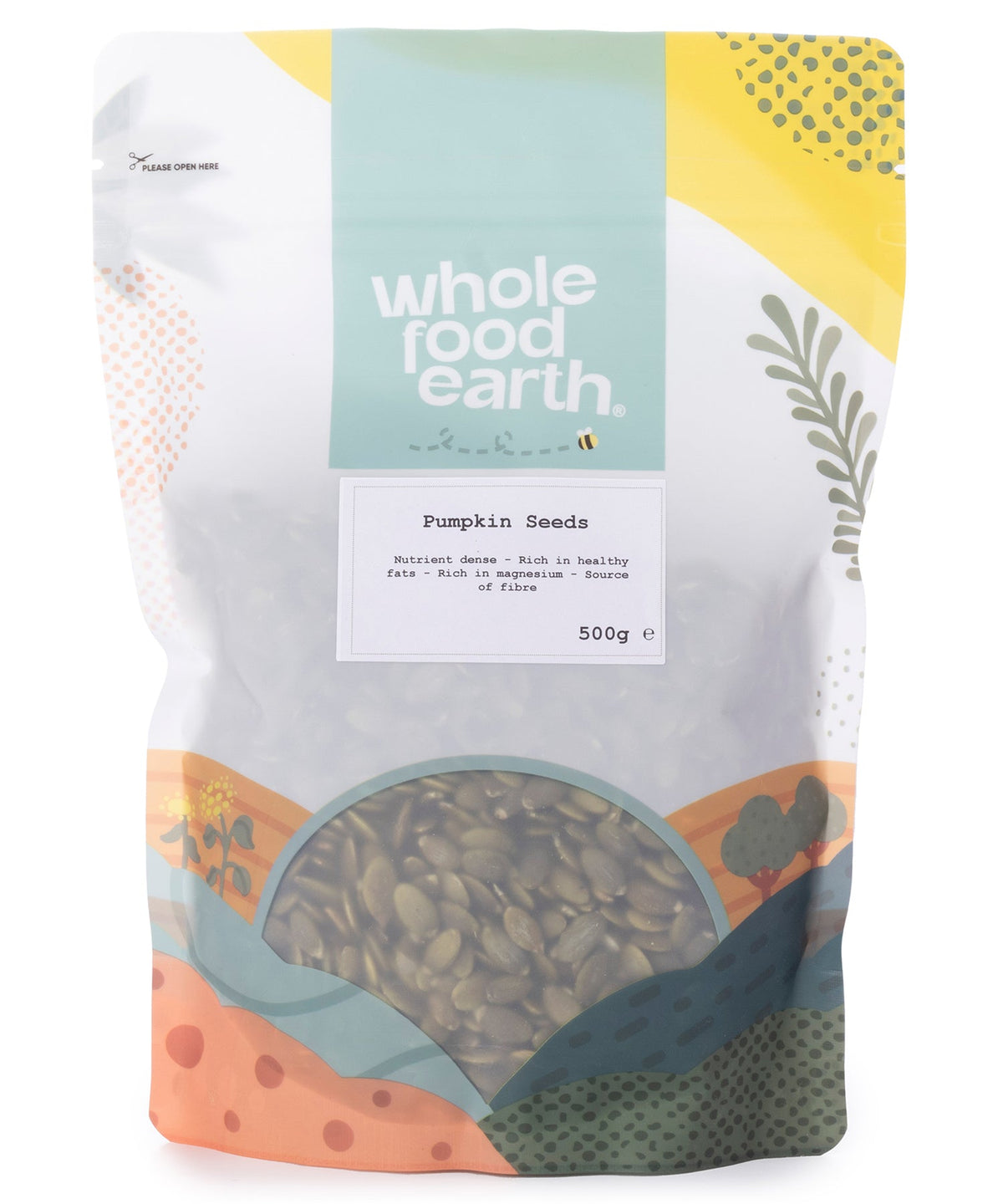Whole Food Earth pumpkin seeds, 500g pack, close-up of roasted pumpkin seeds in a clear bowl, healthy nuts and seeds snack