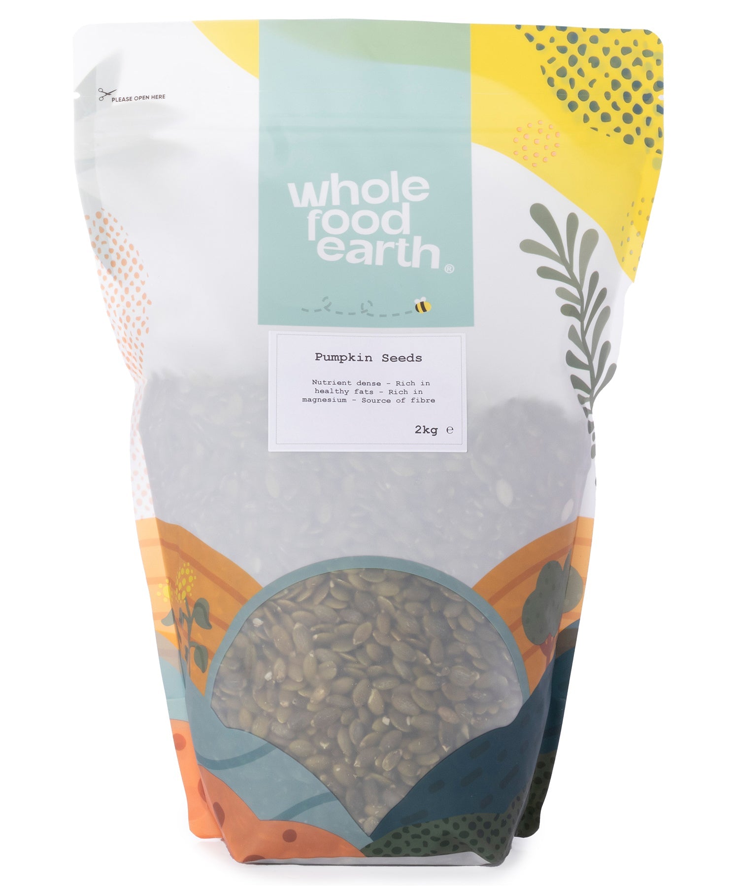 Two kilograms of Whole Food Earth pumpkin seeds, a nutritious nuts and seeds product, shown in a clear image.