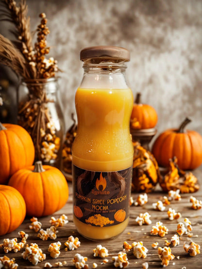 Six cold brew packs from Ignite Coffee Co featuring pumpkin spice mocha flavor with popcorn twist and velvety chocolate mocha.
