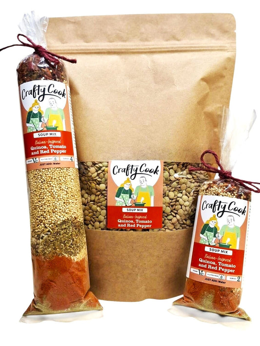 Crafty Cook quinoa, tomato, and red pepper soup mix in a resealable bag, showcasing fresh ingredients and vibrant colors.