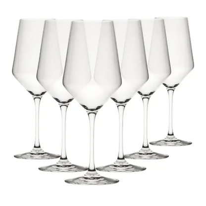 Set of six Murray wine glasses by Glassware UK, 420ml capacity, clear glass with elegant stem design.