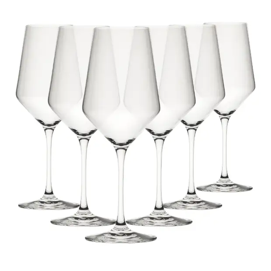 Set of six Murray wine glasses by Glassware UK, 420ml capacity, clear glass with elegant stem design.