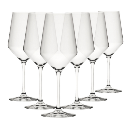 Set of six Murray wine glasses by Glassware UK, 420ml capacity, clear glass with elegant bowl design for wine drinking.