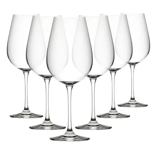 Set of six Mississippi wine glasses from Glassware UK, 650ml capacity, clear glass with elegant design for wine serving.