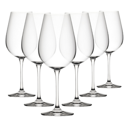 Set of six Glassware UK Seine wine glasses, 680ml capacity, clear glass with elegant shape, suitable for red and white wines.