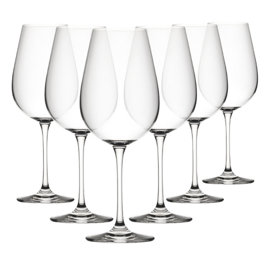 Set of six Mississippi wine glasses from Glassware UK, 550ml capacity, clear glass with elegant stem and bowl design.