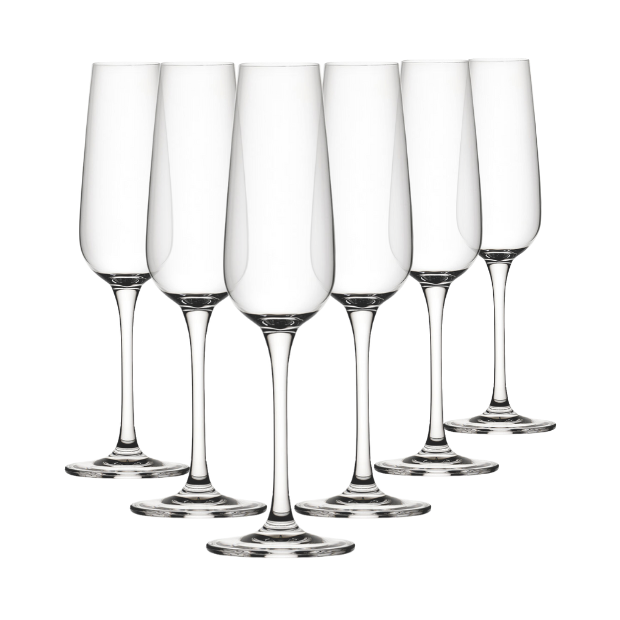 Set of six Mississippi Glass Flutes by Glassware UK, 210ml champagne glasses with clear, elegant design on a white background.